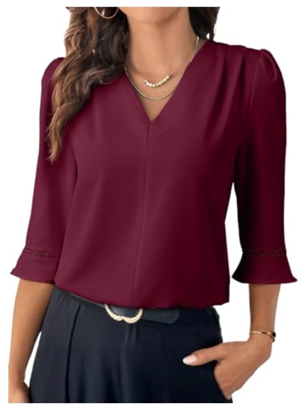 Women's 3/4 Sleeve Blouse Pleated V Neck Ruffle Cuff Office Business Top